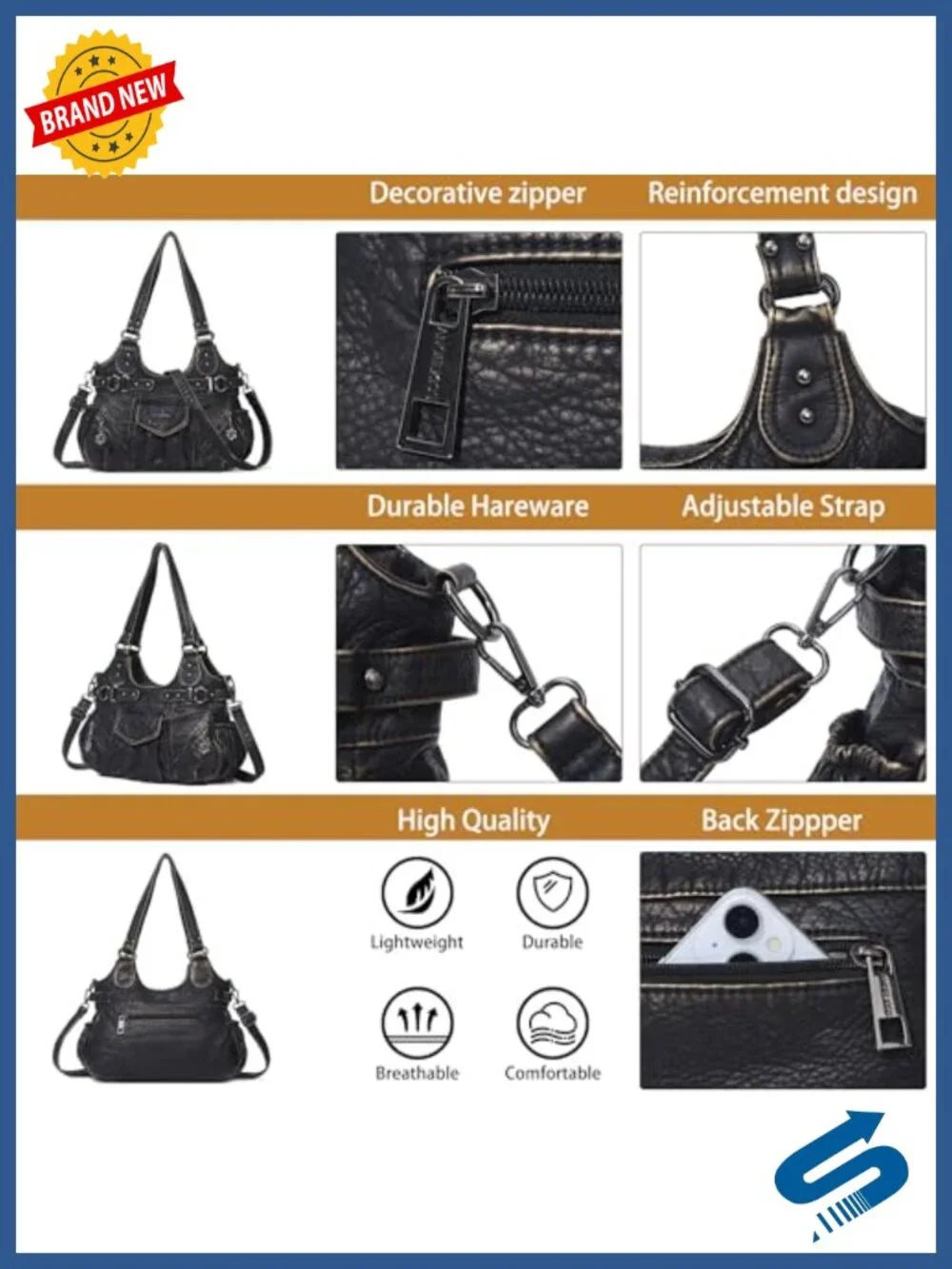 Hobo Shoulder Bag Women Crossbody Purse Adjustable Strap 7 Pockets